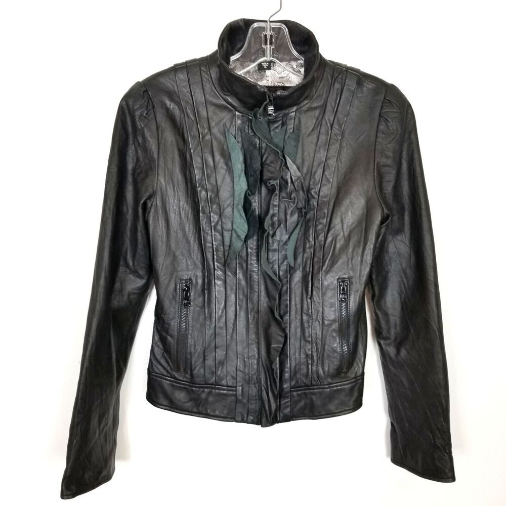 Guess Women 100% Leather Ruffle Front Jacket Sz XS Black Zip Up Short Y2K - Picture 1 of 10